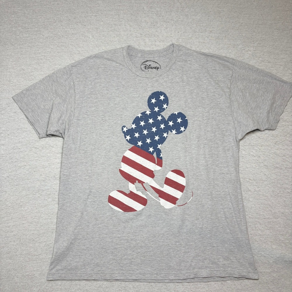 Disney Mens Mickey Mouse USA Flag T-Shirt XXL Gray Patriotic Americana Graphic